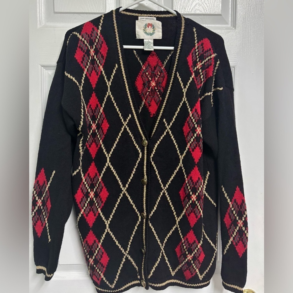 Christopher & Banks Vintage Cardigan Sweater Hand Embroidered | Black Red Gold